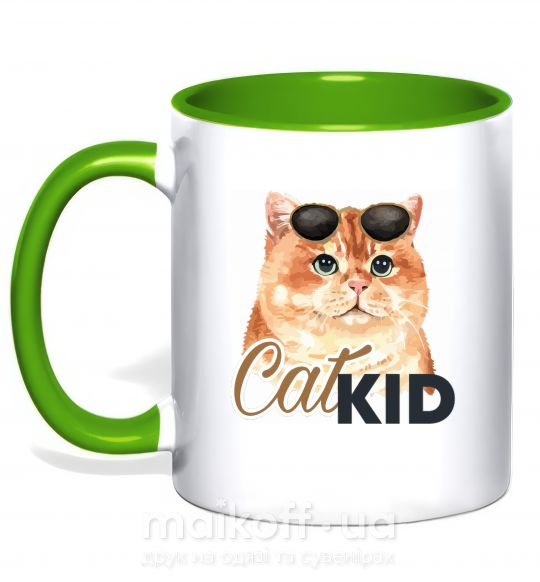 Чашка з кольоровою ручкою Котик CatKID Зелений фото