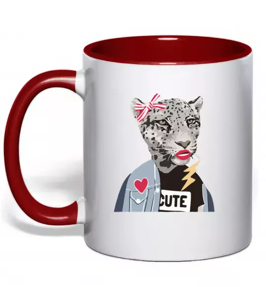 Чашка с цветной ручкой Леопард мама Красный фото