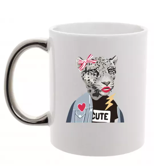 Чашка с цветной ручкой Леопард мама Серебро фото