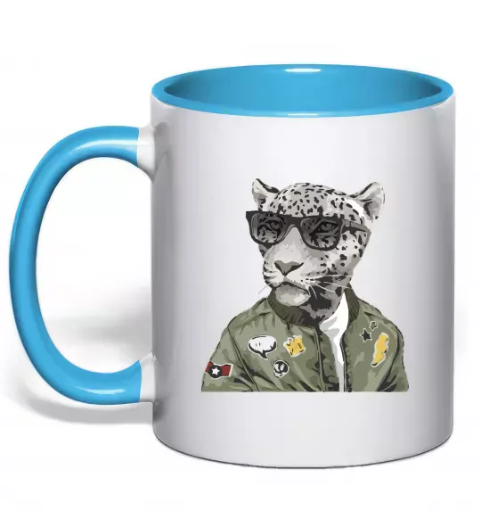 Чашка с цветной ручкой Леопард папа Голубой фото