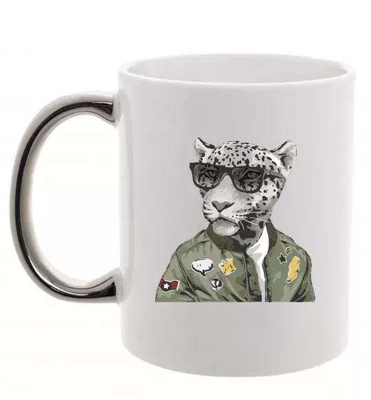 Чашка с цветной ручкой Леопард папа Серебро фото