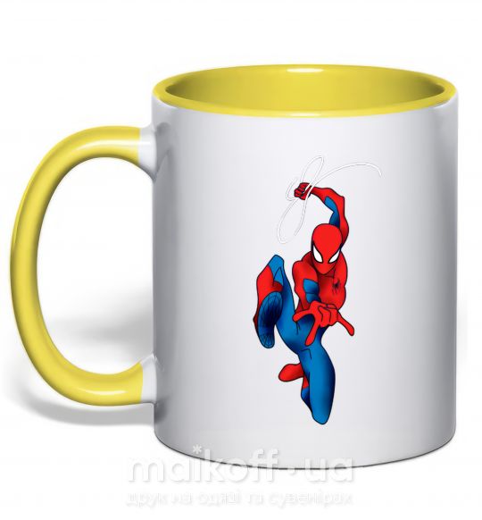 Чашка з кольоровою ручкою Человек паук с паутиной Сонячно жовтий фото