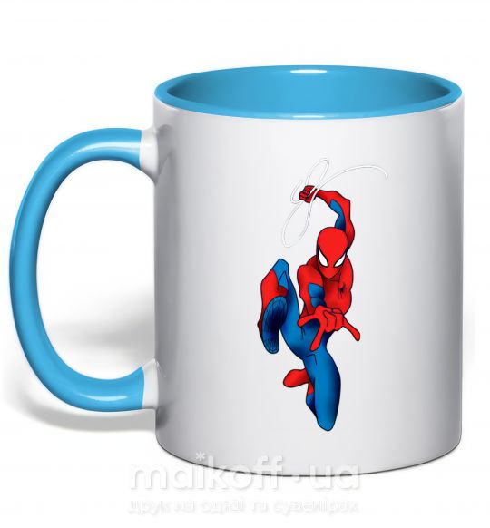 Чашка с цветной ручкой Человек паук с паутиной Голубой фото
