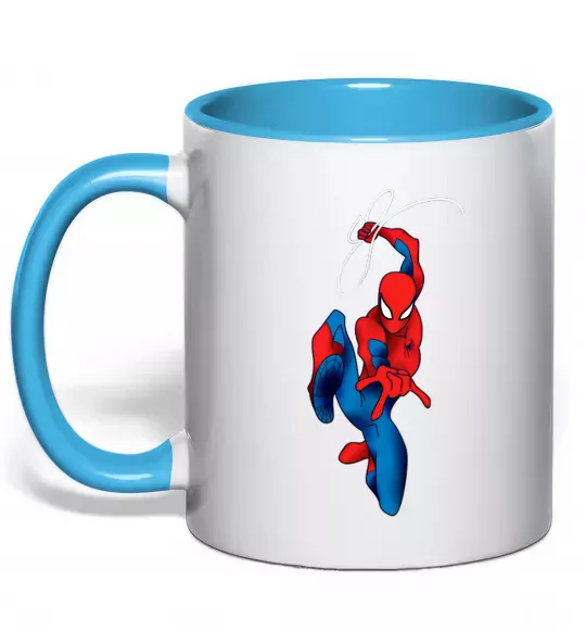 Чашка з кольоровою ручкою Людина павук з павутиною Блакитний фото