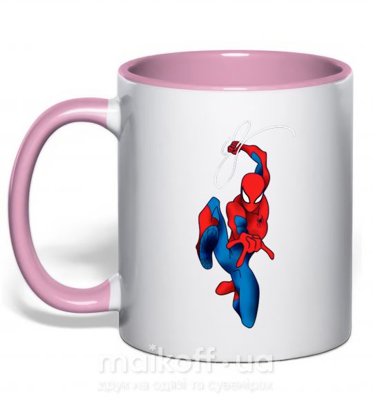 Чашка з кольоровою ручкою Человек паук с паутиной Ніжно рожевий фото