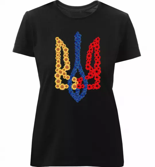 Женская премиум футболка Герб у квітах Черный фото