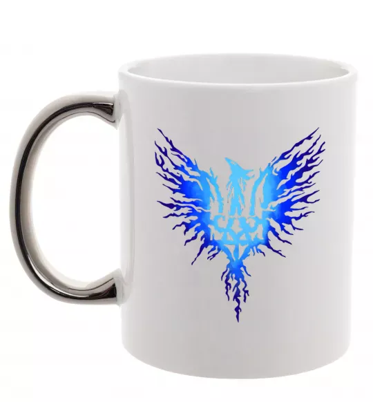 Чашка с цветной ручкой Герб птах блакитний Серебро фото