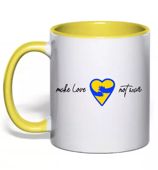 Чашка с цветной ручкой Make love not war серце обіймів Солнечно желтый фото
