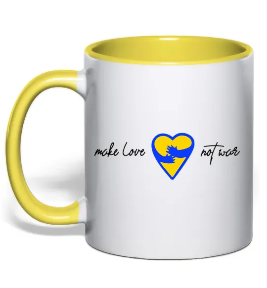 Чашка с цветной ручкой Make love not war серце обіймів Лимонный фото
