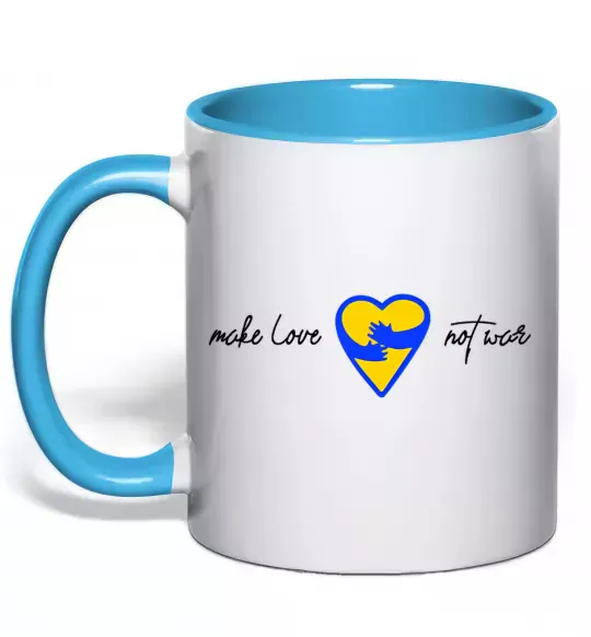 Чашка с цветной ручкой Make love not war серце обіймів Голубой фото