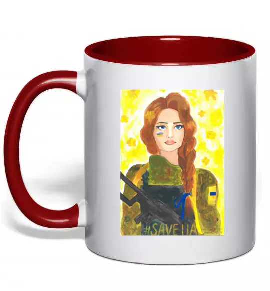 Чашка з кольоровою ручкою Save UA Захисниця Червоний фото