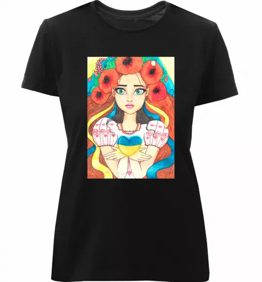 Женская премиум футболка Українка з маками Черный фото