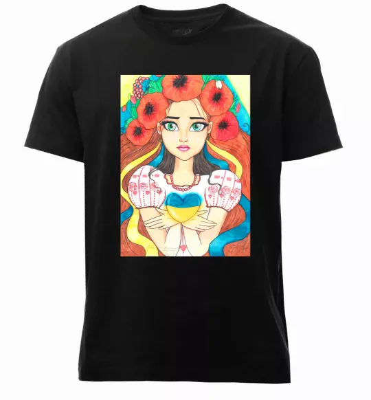 Мужская премиум футболка Українка з маками Черный фото