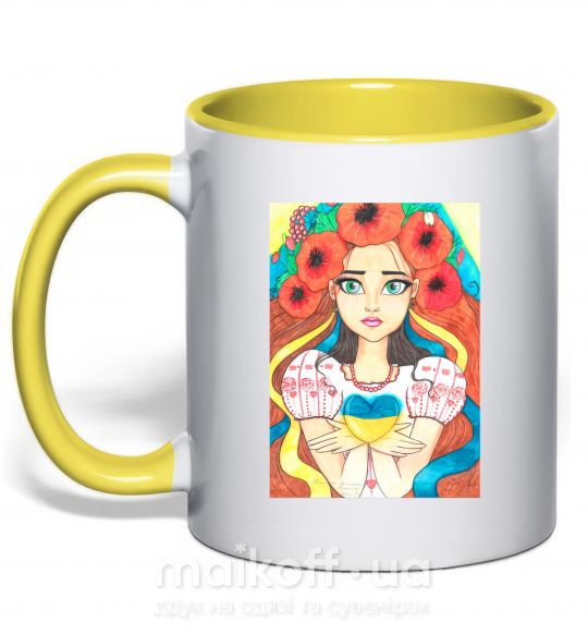 Чашка з кольоровою ручкою Українка з маками Сонячно жовтий фото