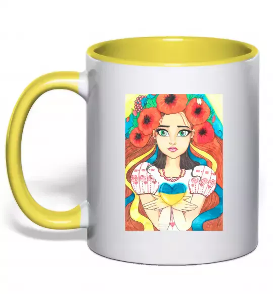 Чашка с цветной ручкой Українка з маками Солнечно желтый фото