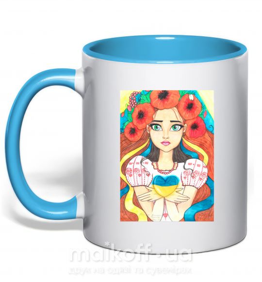 Чашка з кольоровою ручкою Українка з маками Блакитний фото