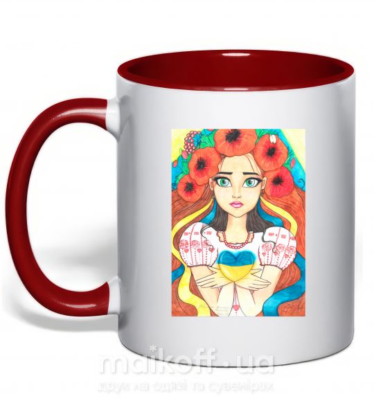 Чашка с цветной ручкой Українка з маками Красный фото