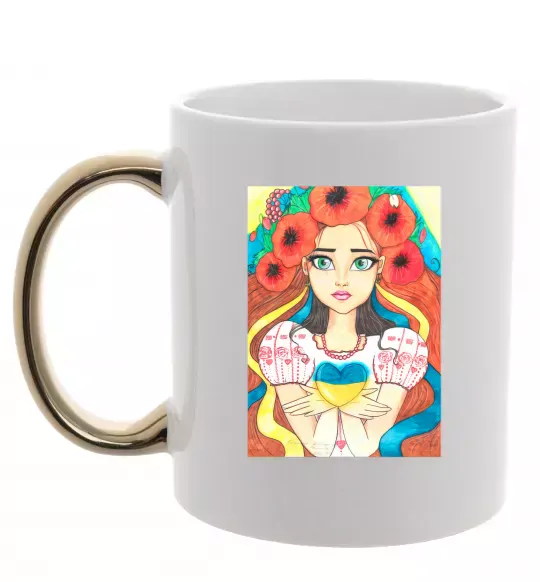 Чашка с цветной ручкой Українка з маками Золото фото