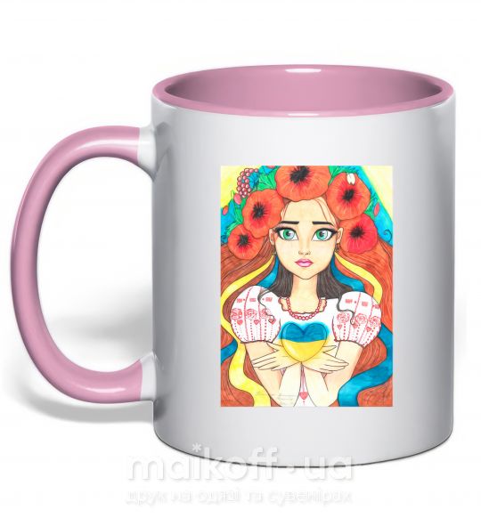 Чашка з кольоровою ручкою Українка з маками Ніжно рожевий фото