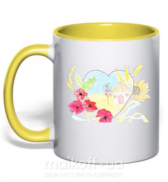 Чашка з кольоровою ручкою Українська хата Сонячно жовтий фото
