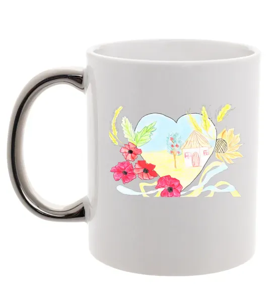 Чашка с цветной ручкой Українська хата Серебро фото