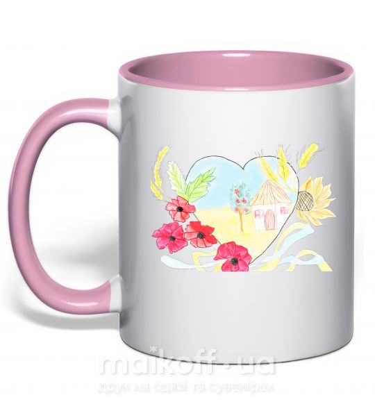 Чашка з кольоровою ручкою Українська хата Ніжно рожевий фото