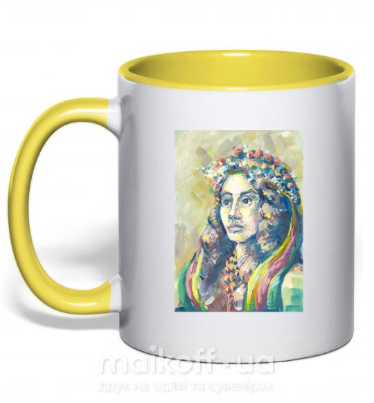 Чашка с цветной ручкой Українка у вінку Солнечно желтый фото