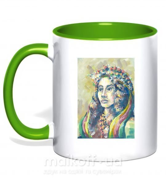 Чашка з кольоровою ручкою Українка у вінку Зелений фото