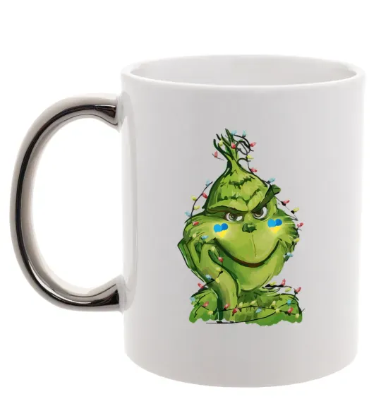 Чашка с цветной ручкой Грінч у гірлянді український Серебро фото