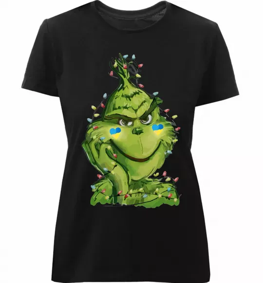 Женская премиум футболка Грінч у гірлянді український Черный фото