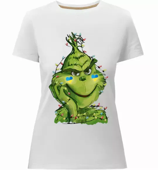 Женская премиум футболка Грінч у гірлянді український Белый фото