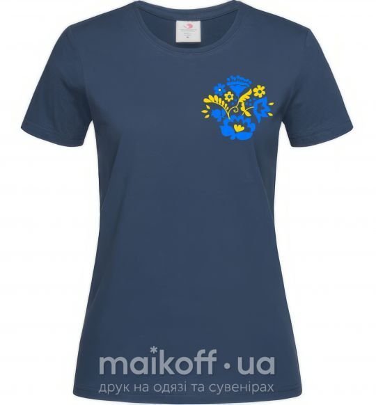 Жіноча футболка Квіти орнамент ВИШИВКА Темно-синій фото