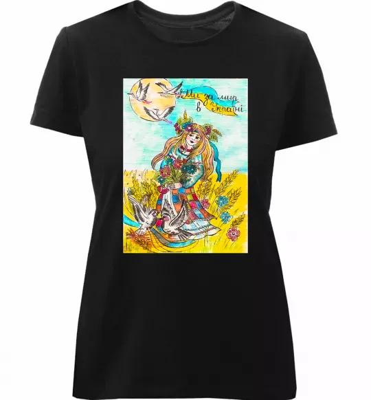 Женская премиум футболка Ми за мир в Україні Черный фото