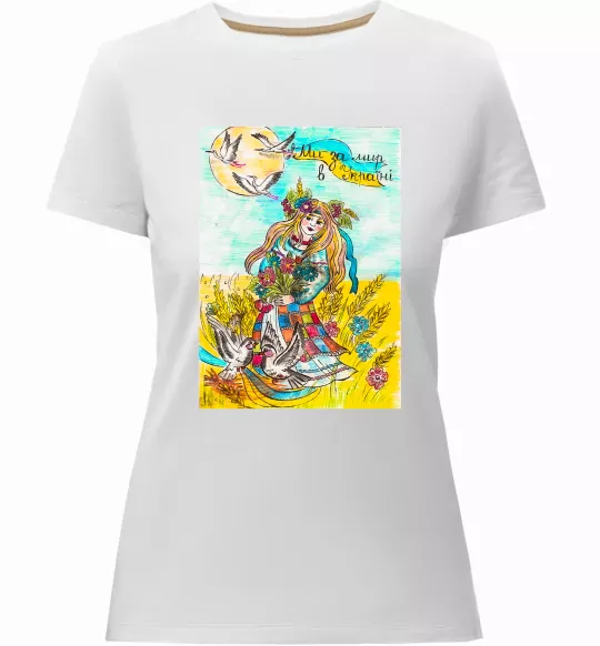 Женская премиум футболка Ми за мир в Україні Белый фото