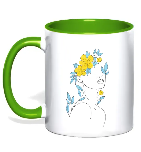 Чашка с цветной ручкой Жовто блакитні квіти Лаймовый фото