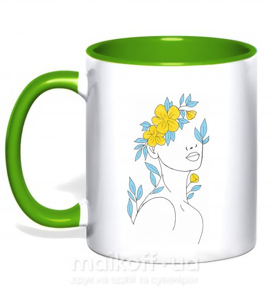 Чашка с цветной ручкой Жовто блакитні квіти Зеленый фото