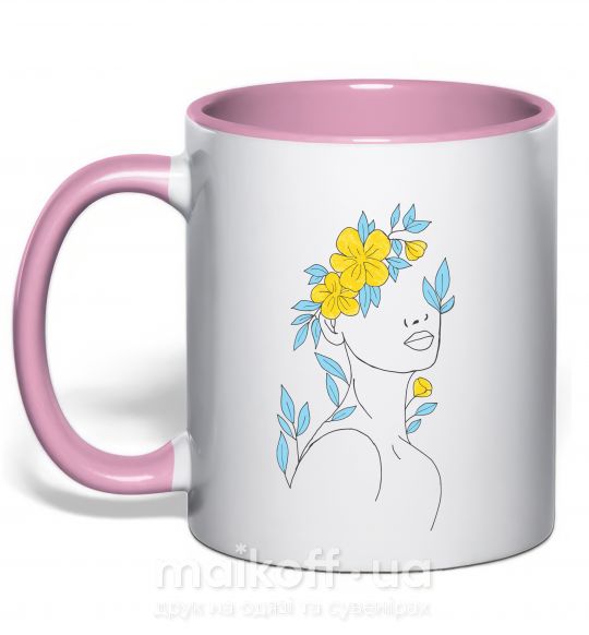 Чашка з кольоровою ручкою Жовто блакитні квіти Ніжно рожевий фото