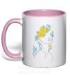 Чашка з кольоровою ручкою Жовто блакитні квіти Ніжно рожевий фото