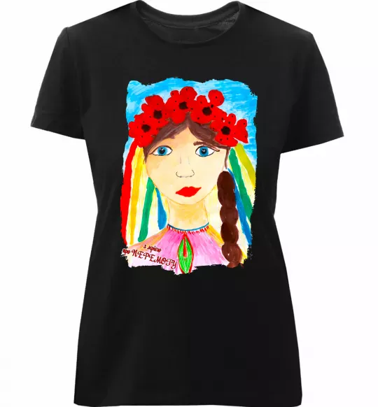 Женская премиум футболка Українка у вінку Черный фото