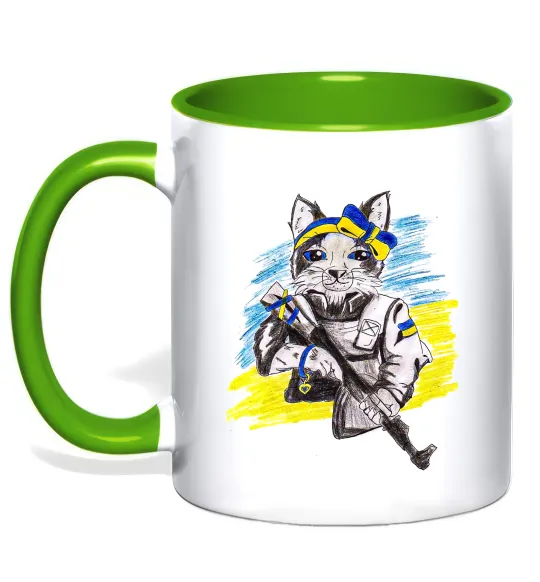 Чашка з кольоровою ручкою Котик ЗСУ Лаймовий фото