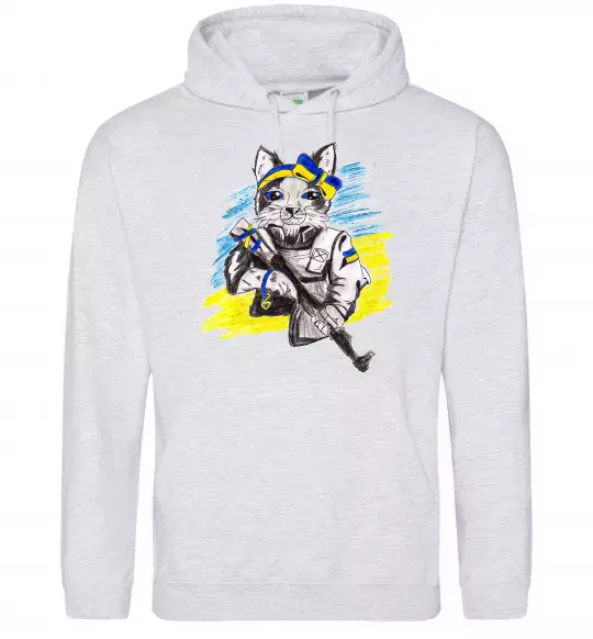 Мужская толстовка (худи) Котик ЗСУ Серый меланж фото