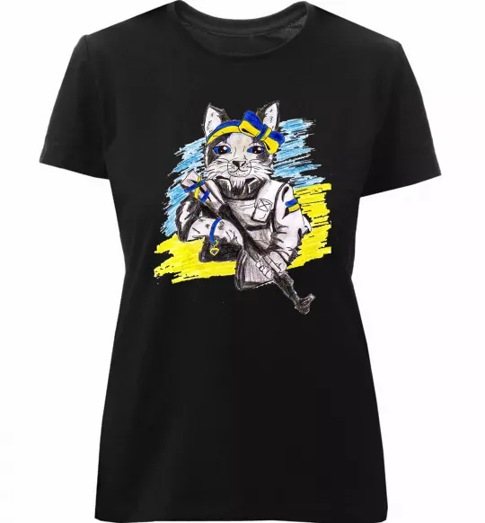Женская премиум футболка Котик ЗСУ Черный фото