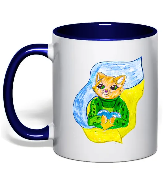 Чашка с цветной ручкой Котик ЗСУ прапор Глубокий темно-синий фото