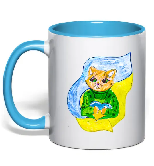 Чашка с цветной ручкой Котик ЗСУ прапор Голубой фото