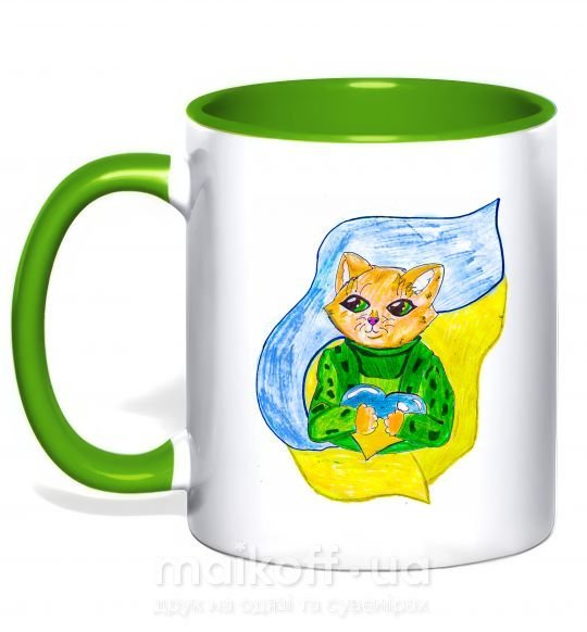 Чашка з кольоровою ручкою Котик ЗСУ прапор Зелений фото