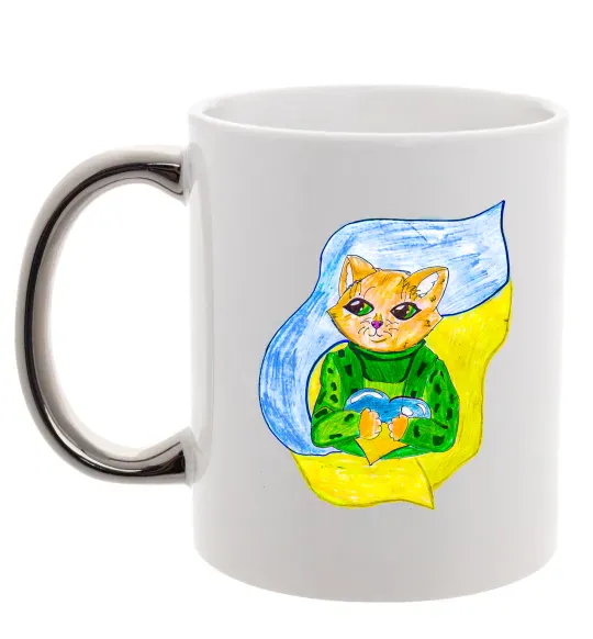 Чашка с цветной ручкой Котик ЗСУ прапор Серебро фото