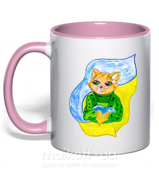 Чашка з кольоровою ручкою Котик ЗСУ прапор Ніжно рожевий фото