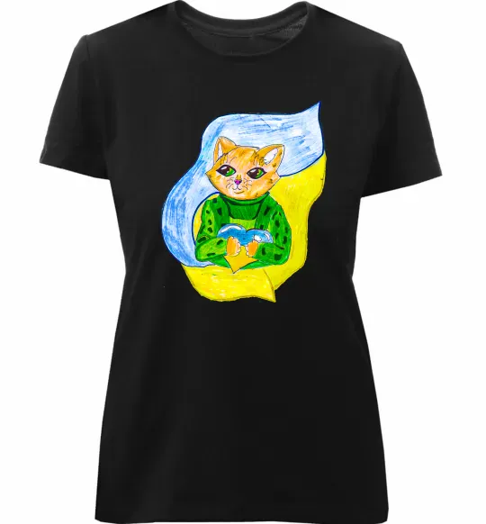 Женская премиум футболка Котик ЗСУ прапор Черный фото