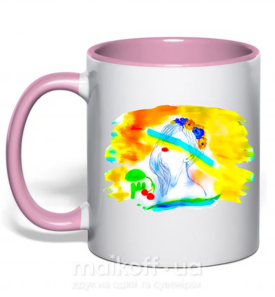 Чашка з кольоровою ручкою Українка прапор Ніжно рожевий фото