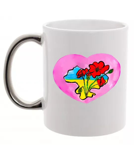 Чашка с цветной ручкой Україна в серці Серебро фото